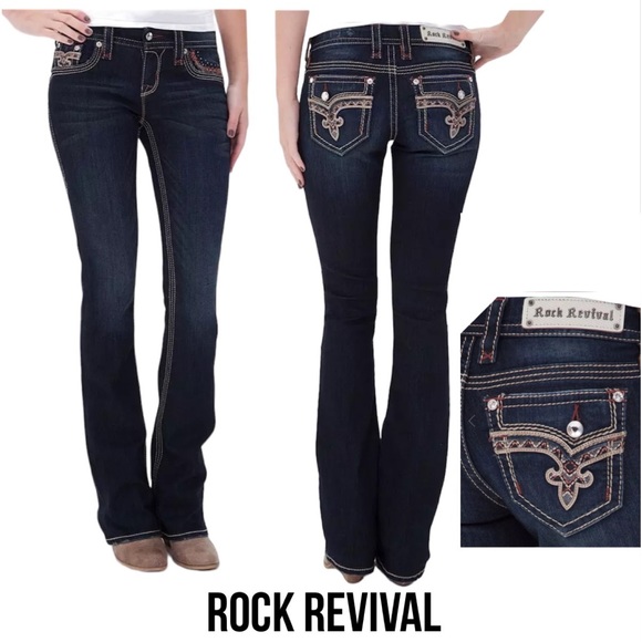 Rock Revival Denim - Rock Revival Betty Boot Jeans Dark Blue Wash 25 Low Rise Embroidery Rhinestones